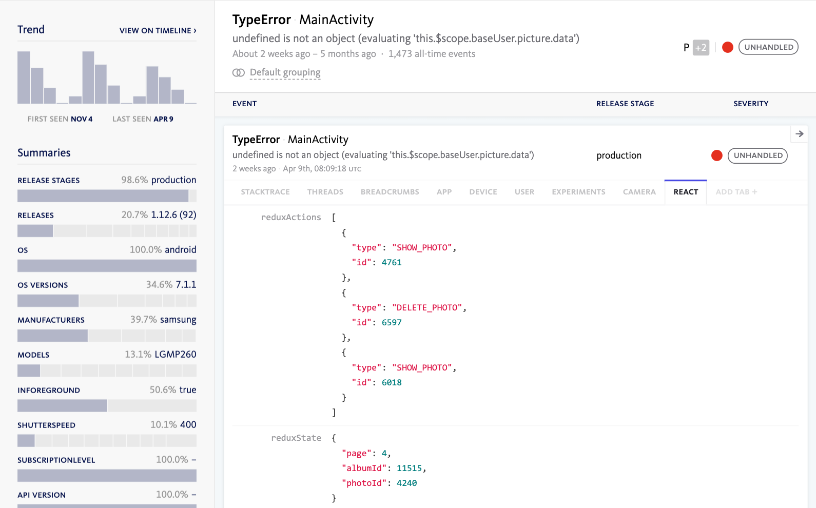 Dashboard captures error context for your app.