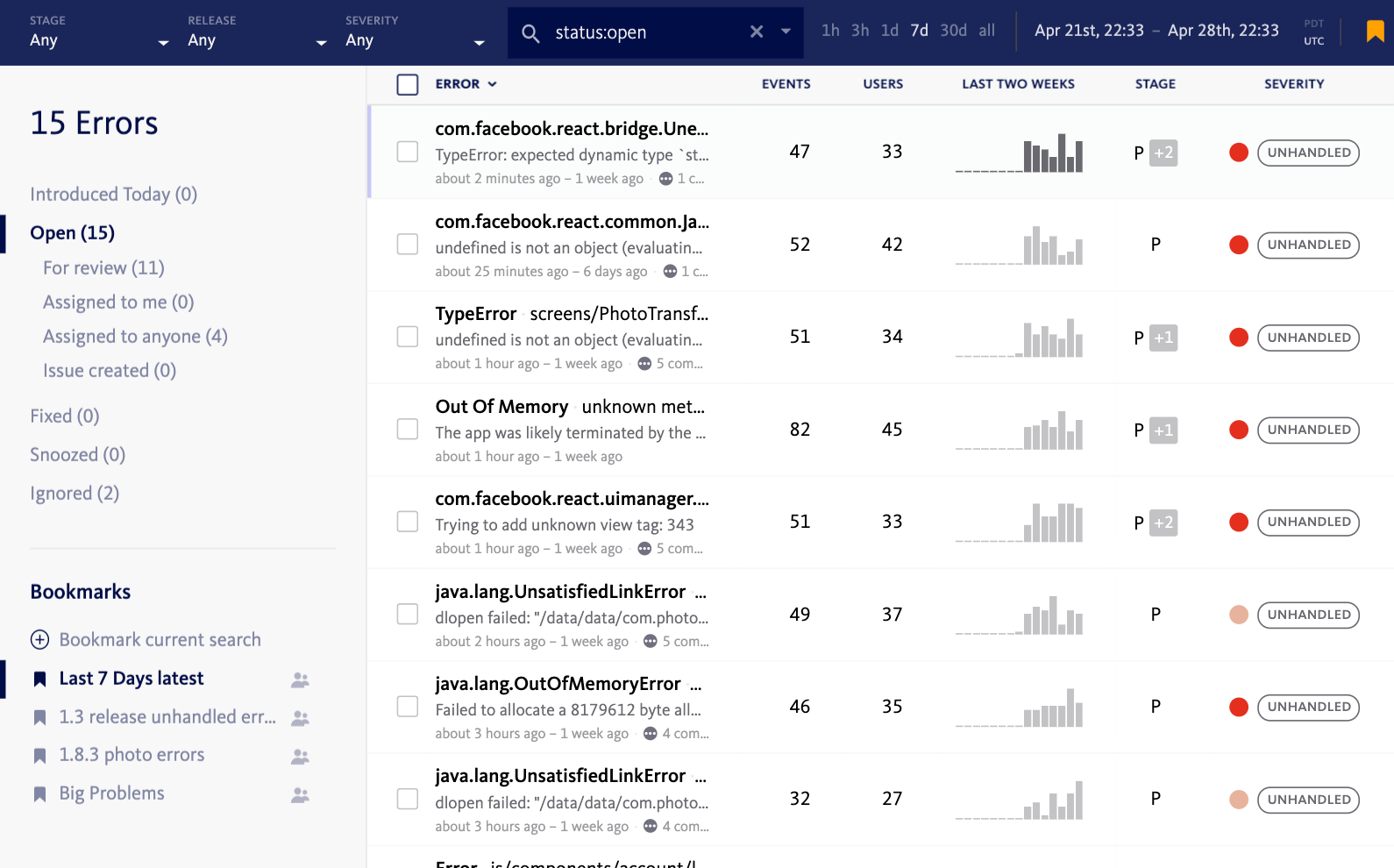 Error inbox shows sorted error by events.