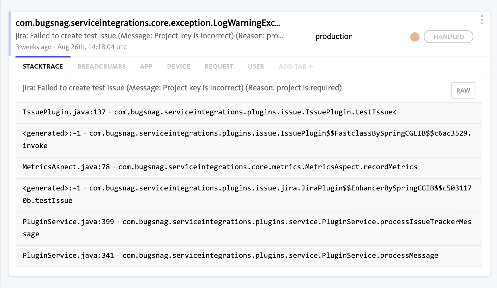 Stacktrace of integration error in support