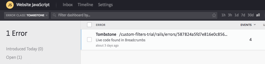 filtering by class Tombstone in Bugsnag