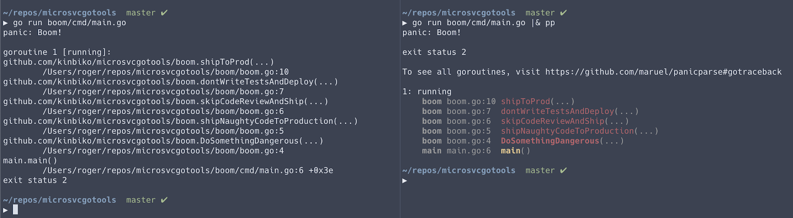 Output comparison with and without using panicparse.