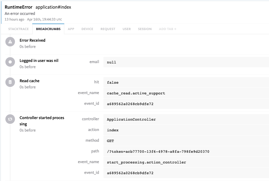 Breadcrumbs error report in dashboard