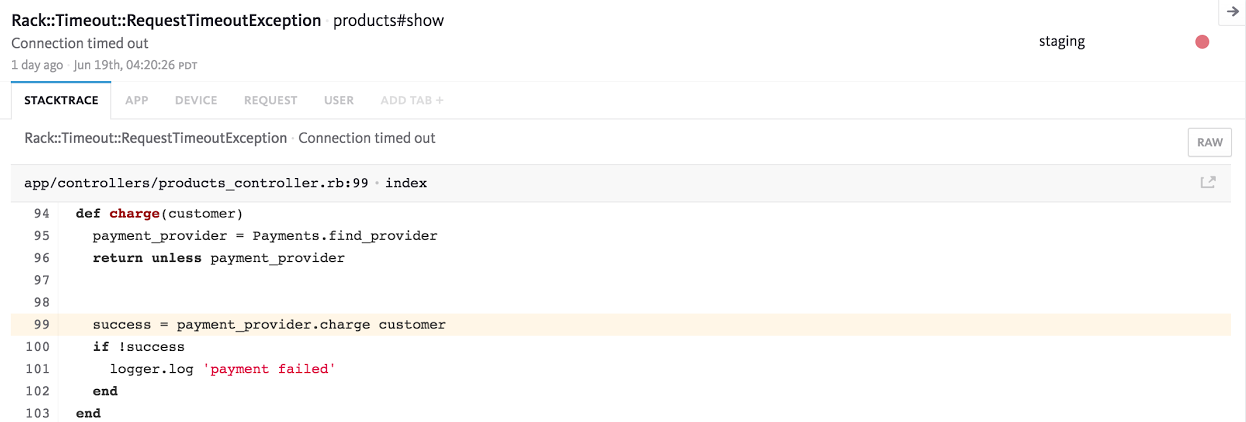 Stack trace for payment failure error