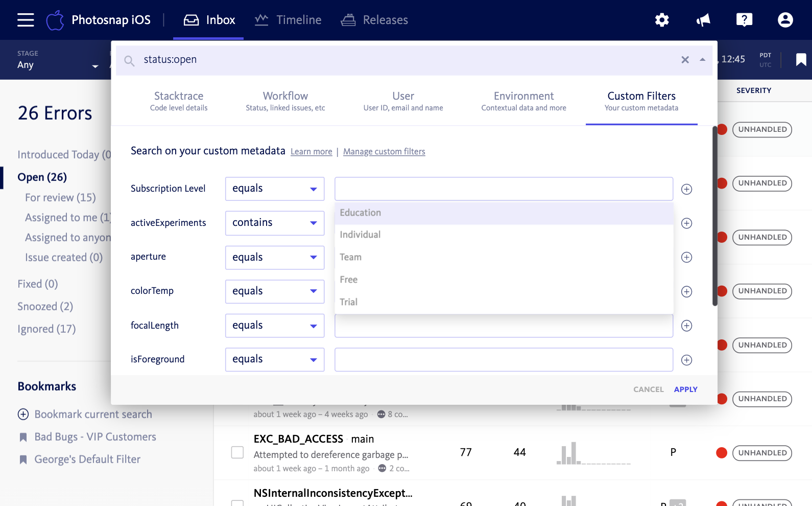 Custom plans filter