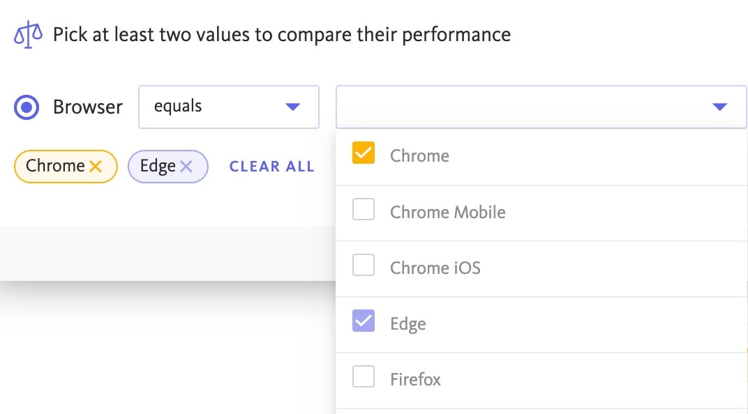 dropdown with checkboxes besides browser names to compare their performance